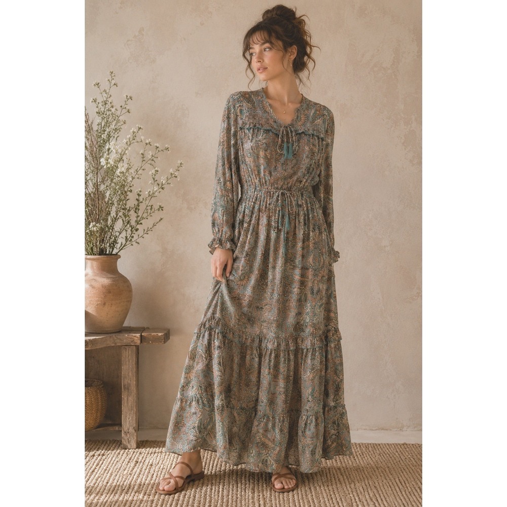 Paani Maxi Dress M Aqua Paisley Tiered Tassel Tie Neck Long Sleeve Boho Peasant